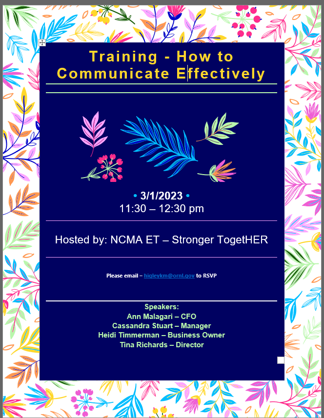 Flyer stating "Training - How to Communicate Effectively" will be hosted 03/01/2023 at 11:30 PM by NCMA ET chapter.